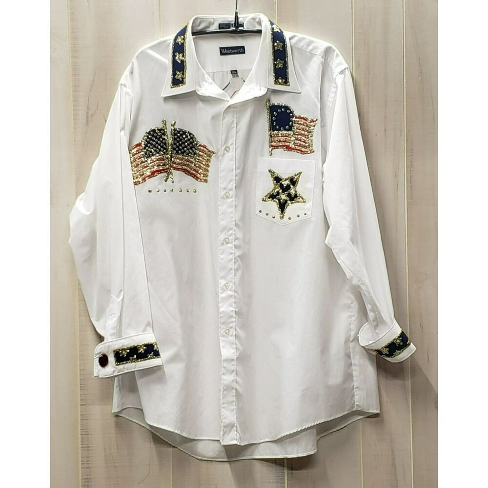 Vintage Embellished Patriotic Button Up Shirt Glitter Jewel Eagle Flag 17.5 34/3